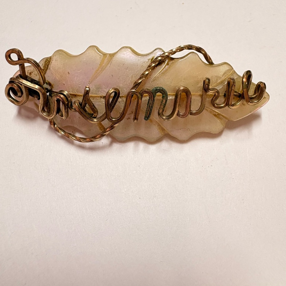 Elegant Gold tone one of a kind vintage Rosemarie name mother of pearl brooch